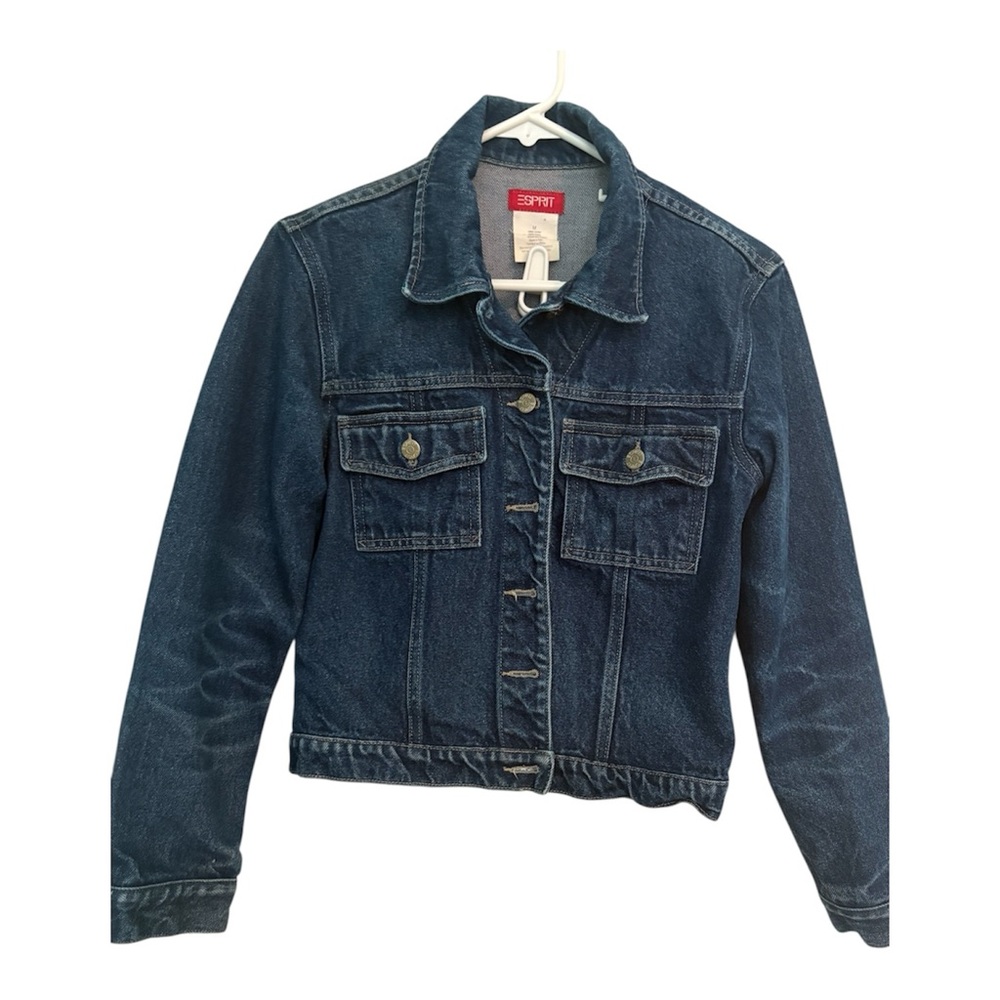 Vintage 90's Esprit Women's Medium Dark Blue Cropped Jean Jacket